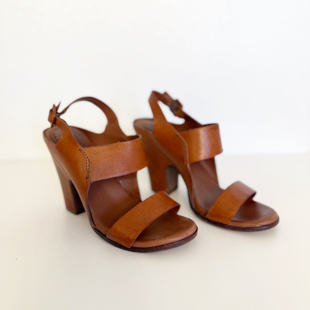 Kork-Ease Tan Leather Heels with Adjustable Ankle Strap